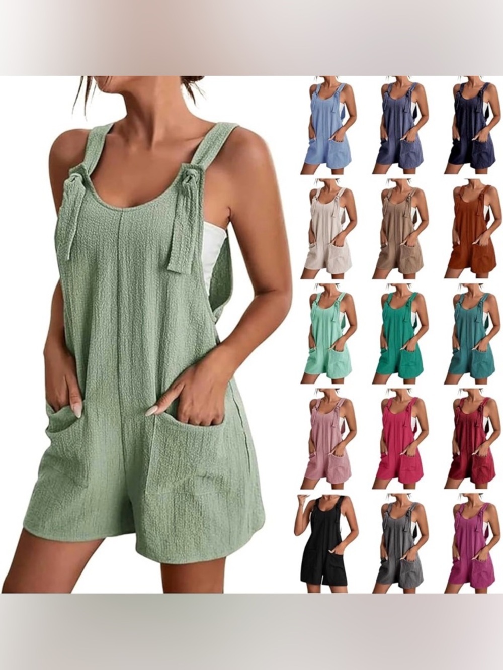 3 Pack Tie-Strap Textured Romper - Sage Green, Black, Blush Pink, Size XL